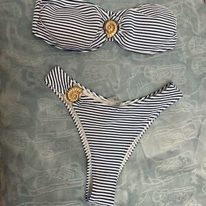 SHEIN Navy and White Striped Bikini with Gold Accents